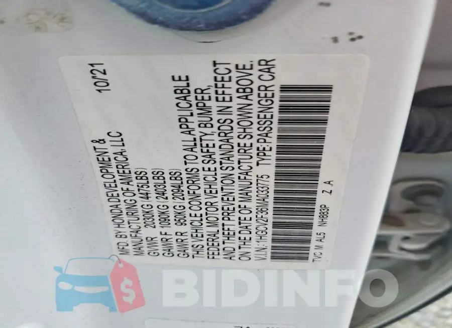 1HGCV2F36MA033775 Photo# 12