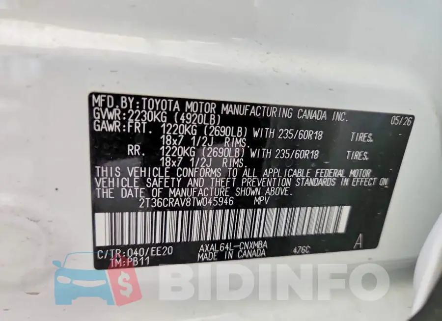 2T36CRAV8TW045946 Photo# 13