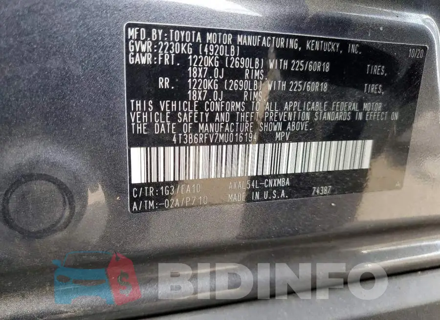 4T3B6RFV7MU016194 Photo# 14