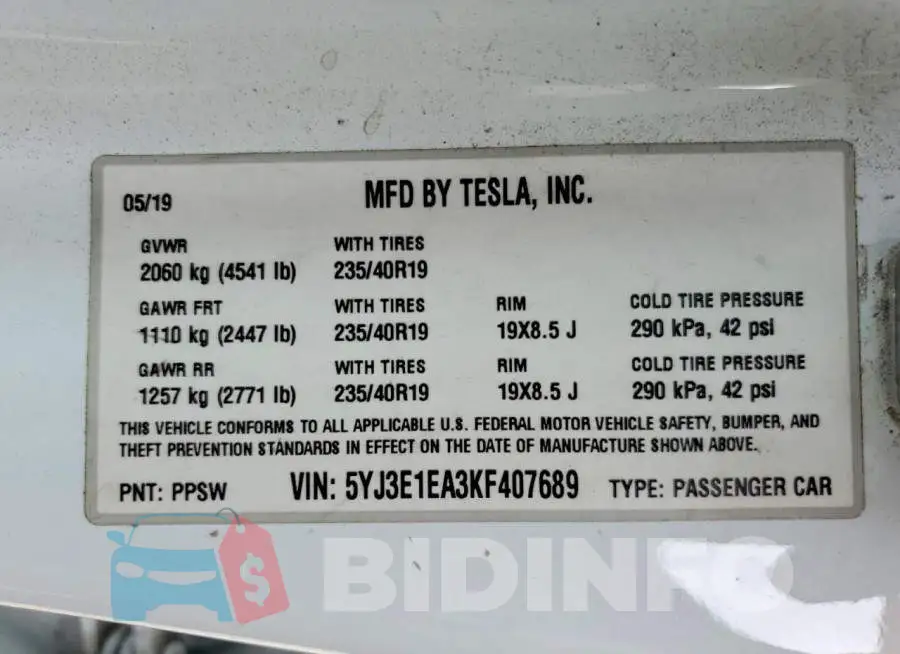 5YJ3E1EA3KF407689 Photo# 12