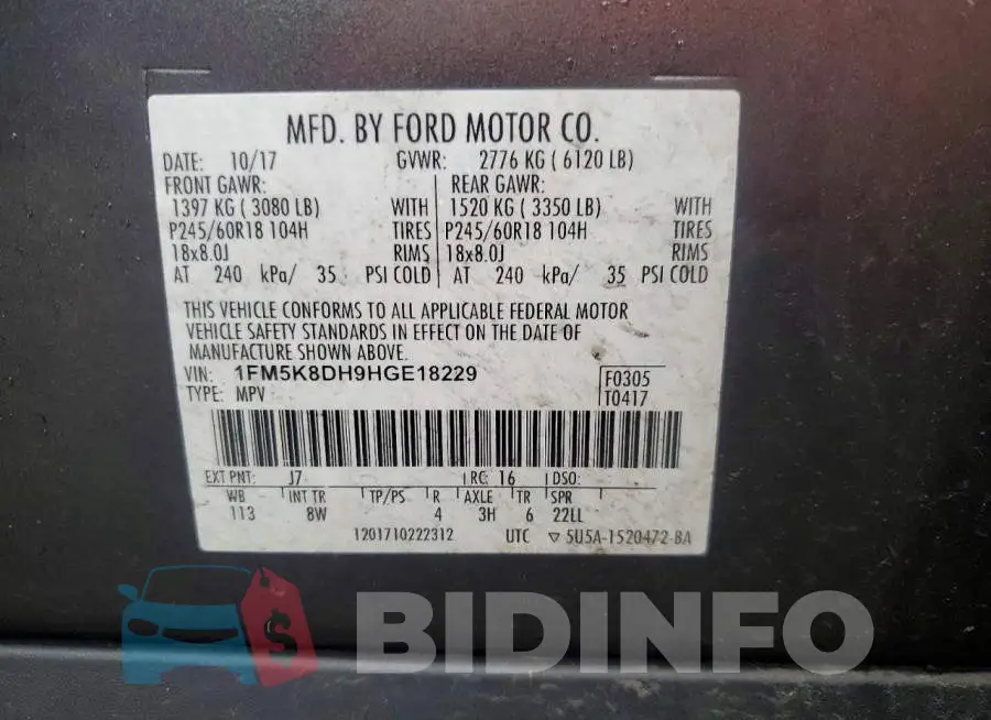 1FM5K8DH9HGE18229 Photo# 13