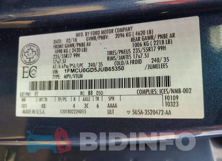 1FMCU0GD5JUB65350 Photo# 14