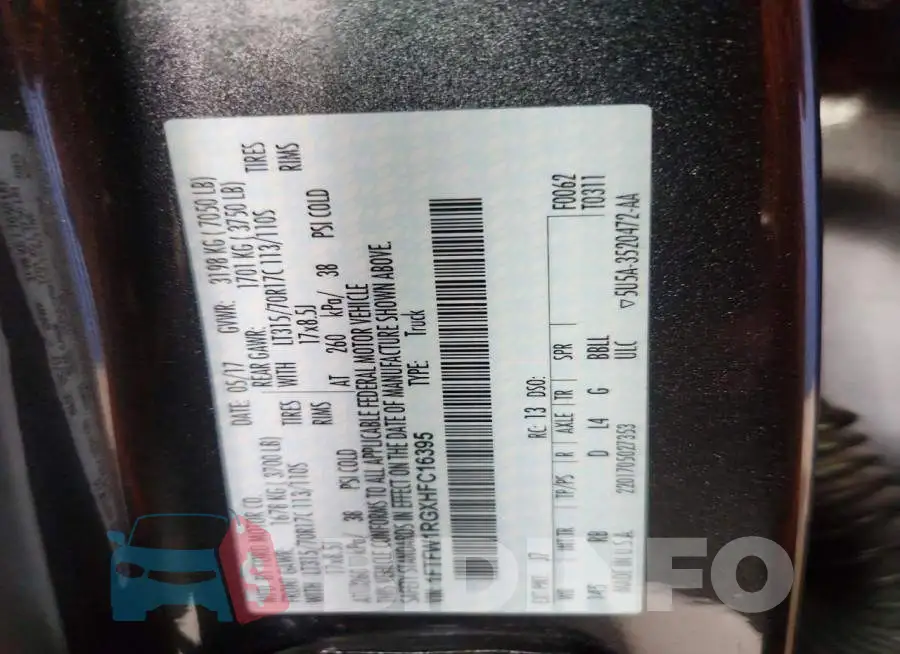1FTFW1RGXHFC16395 Photo# 13