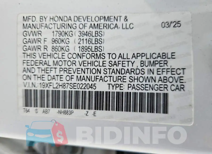 19XFL2H87SE022045 Photo# 13