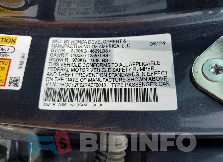 1HGCY2F62RA078043 Photo# 13