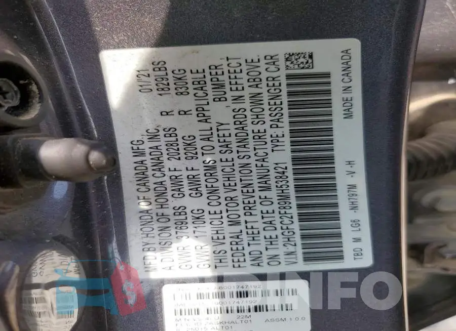 2HGFC2F89MH538421 Photo# 12