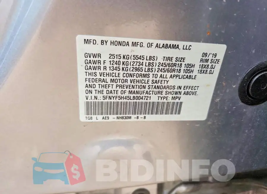 5FNYF5H45LB004721 Photo# 14