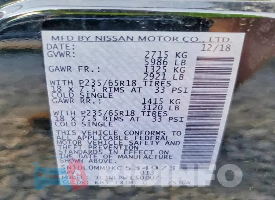 5N1DL0MM9KC534973 Photo# 13