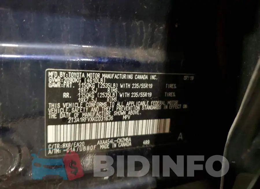 2T3A1RFVXKC031636 Photo# 14