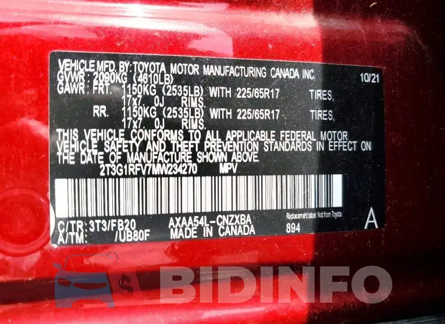 2T3G1RFV7MW234270 Photo# 13