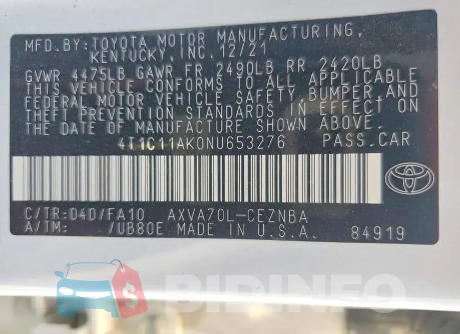 4T1C11AK0NU653276 Photo# 13