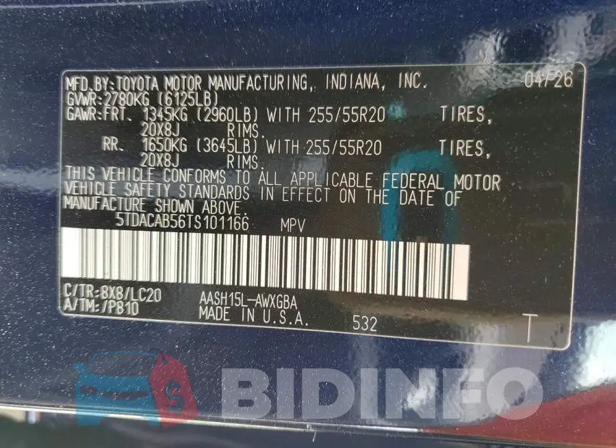 5TDACAB56TS101166 Photo# 13