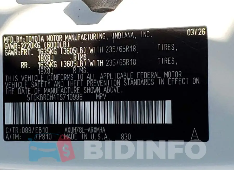 5TDKBRCH4TS710996 Photo# 13