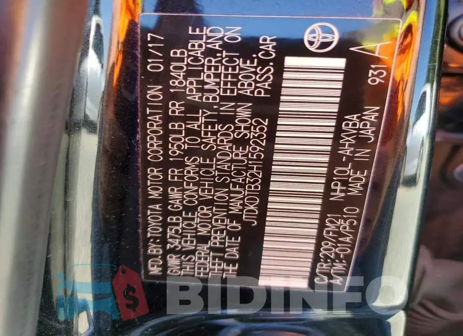 JTDKDTB32H1592352 Photo# 14