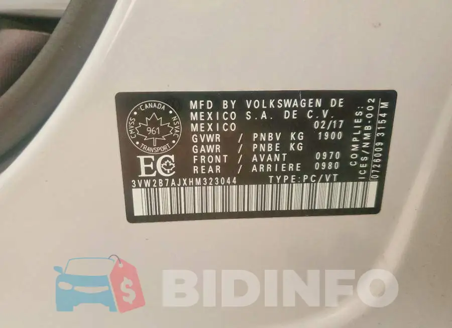 3VW2B7AJXHM323044 Photo# 12