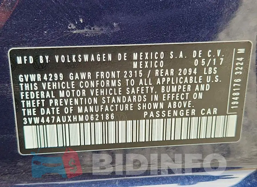 3VW447AUXHM062186 Photo# 12