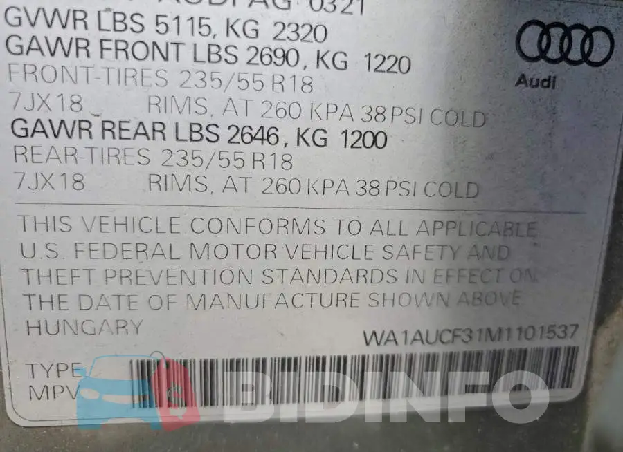 WA1AUCF31M1101537 Photo# 13