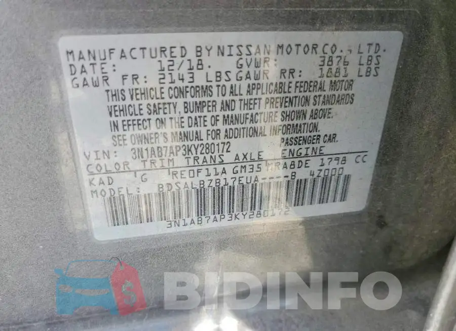 3N1AB7AP3KY280172 Photo# 13
