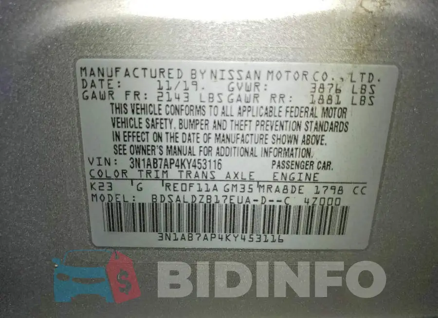 3N1AB7AP4KY453116 Photo# 12