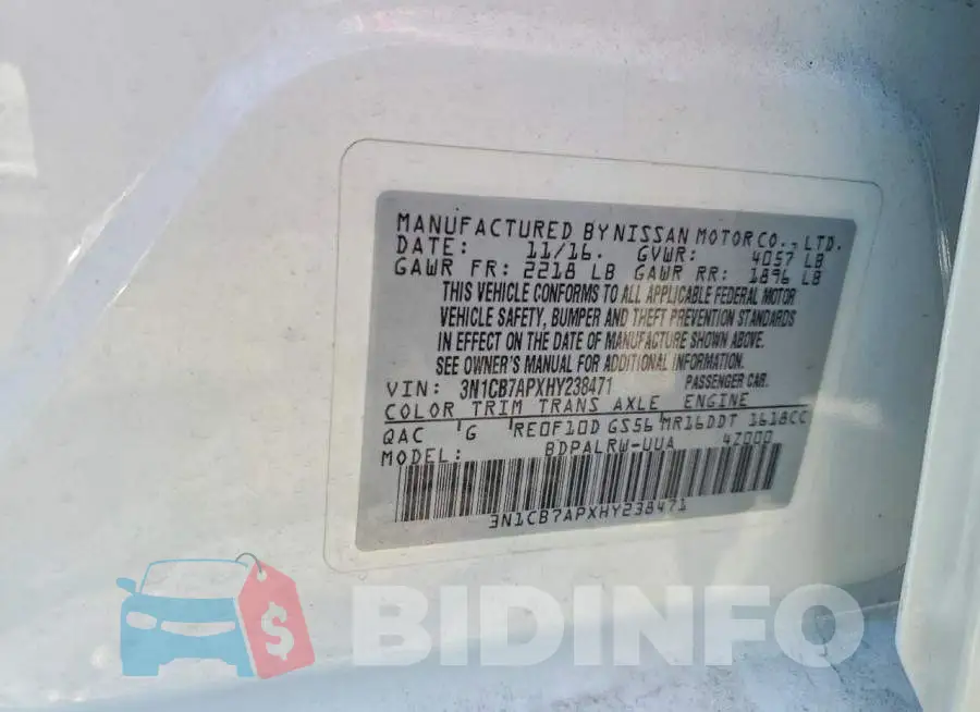 3N1CB7APXHY238471 Photo# 12