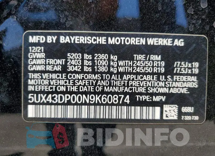5UX43DP00N9K60874 Photo# 13