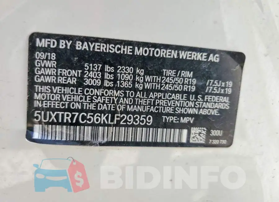 5UXTR7C56KLF29359 Photo# 12