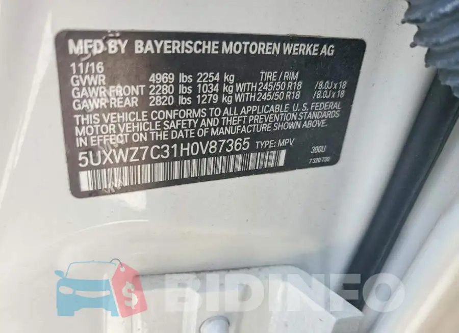 5UXWZ7C31H0V87365 Photo# 14
