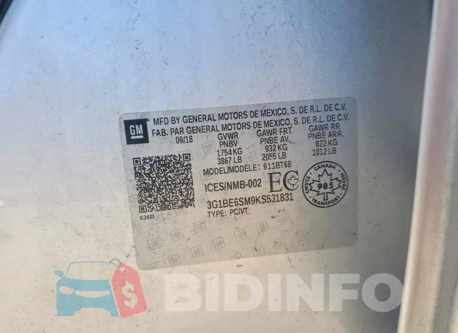 3G1BE6SM9KS531831 Photo# 12