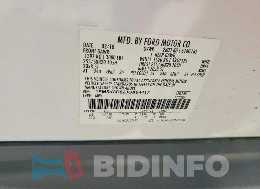1FM5K8D82JGA94417 Photo# 12