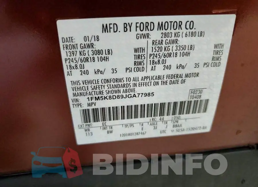 1FM5K8D89JGA77985 Photo# 13