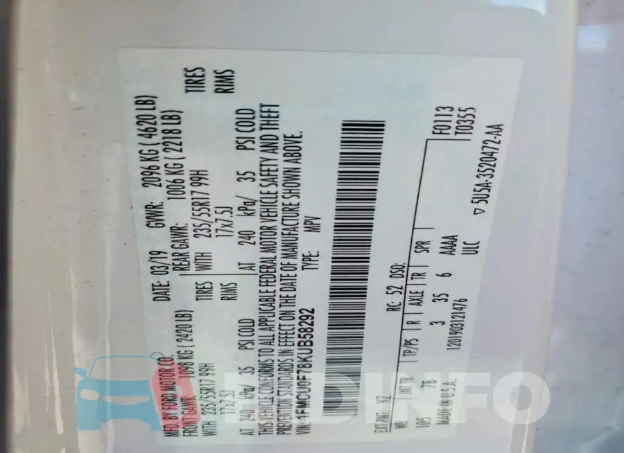 1FMCU0F78KUB58292 Photo# 14