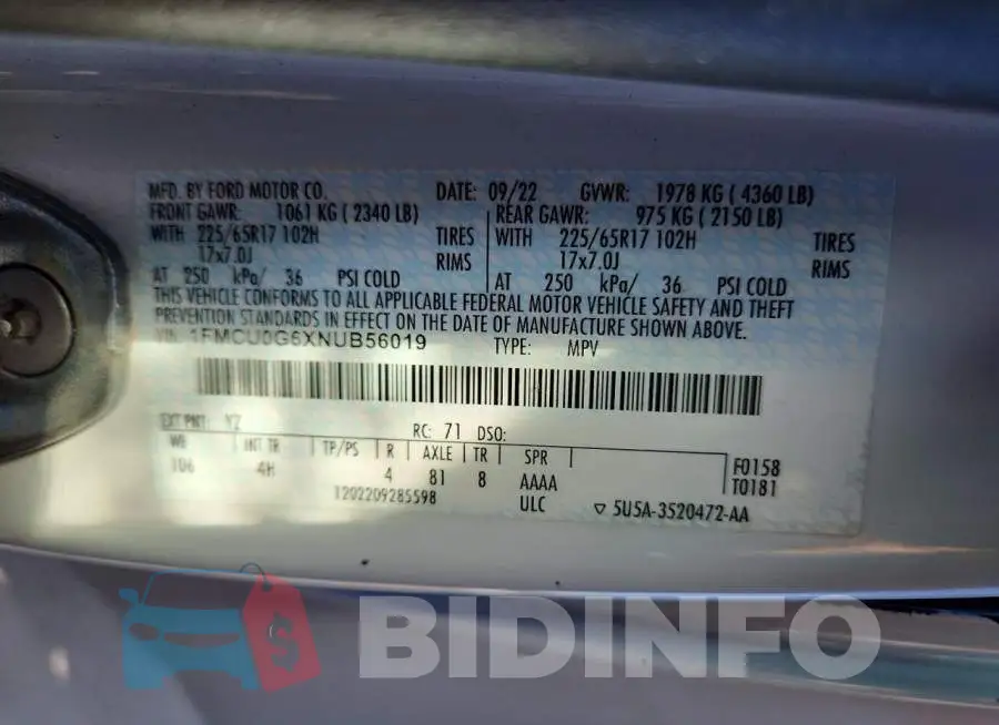 1FMCU0G6XNUB56019 Photo# 13