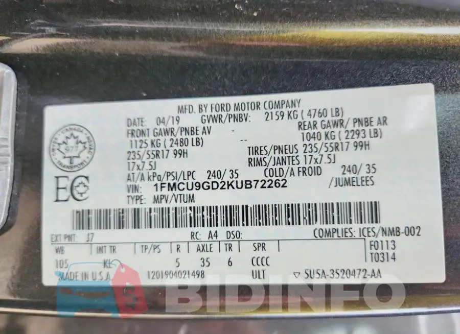 1FMCU9GD2KUB72262 Photo# 14