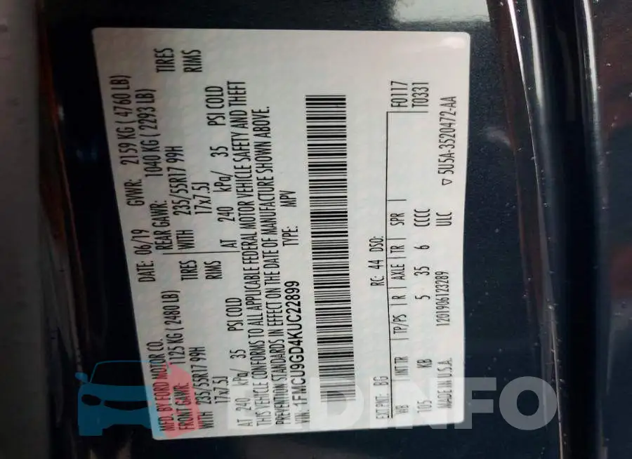 1FMCU9GD4KUC22899 Photo# 14