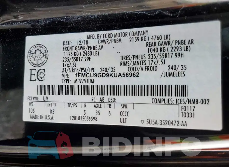 1FMCU9GD9KUA56962 Photo# 13
