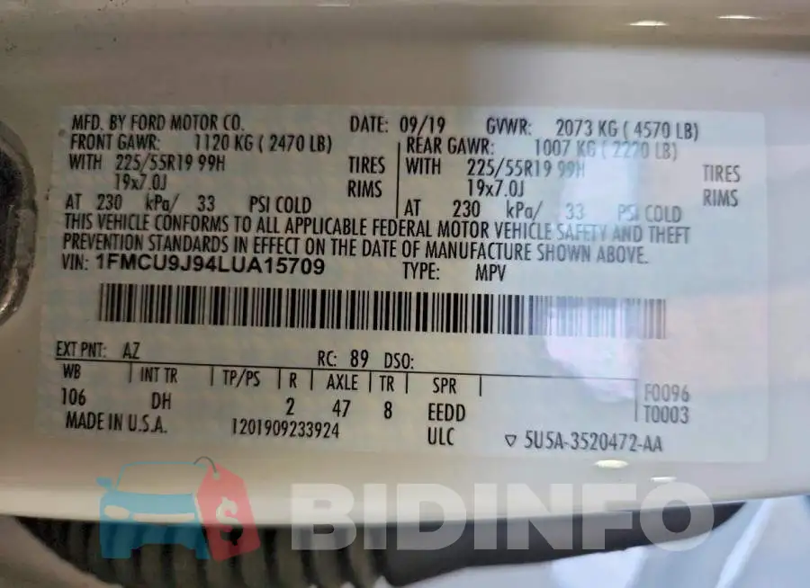 1FMCU9J94LUA15709 Photo# 12