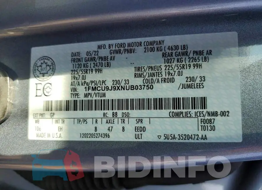 1FMCU9J9XNUB03750 Photo# 14