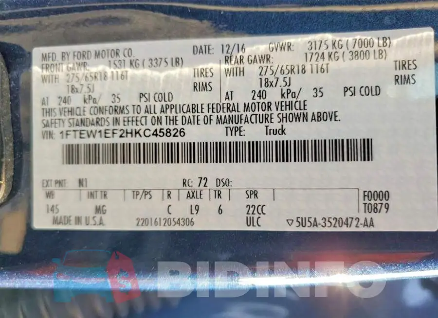 1FTEW1EF2HKC45826 Photo# 12