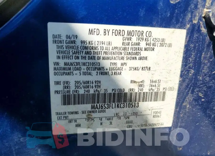 MAJ6S3FL1KC310513 Photo# 13