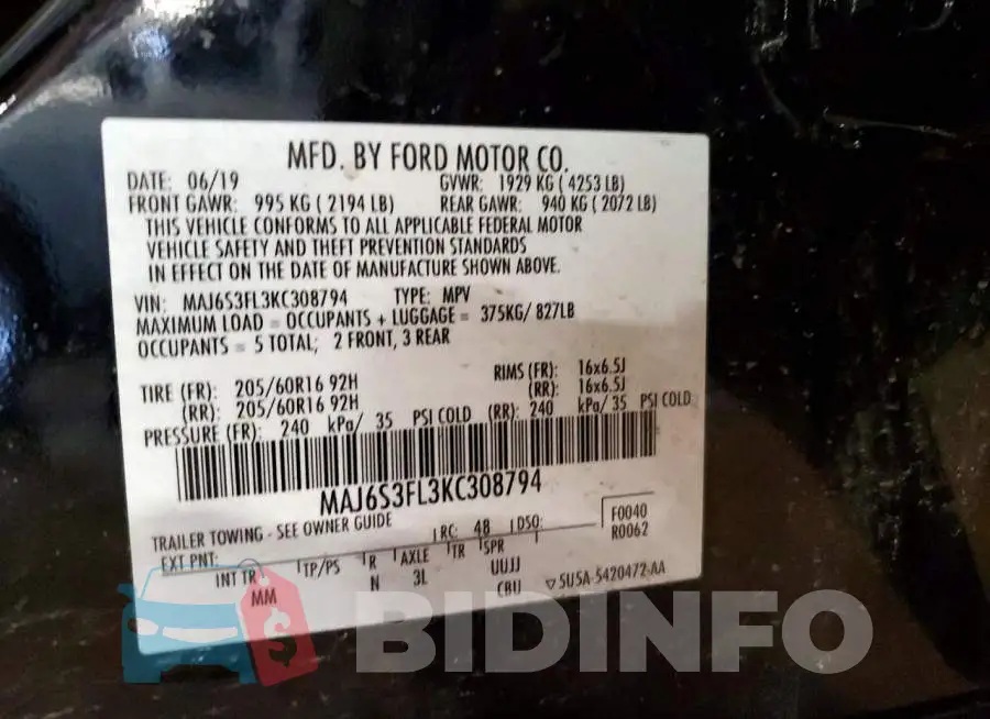 MAJ6S3FL3KC308794 Photo# 13