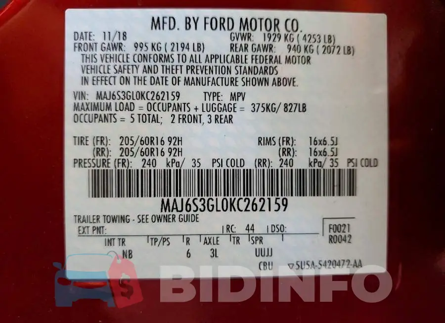 MAJ6S3GL0KC262159 Photo# 12