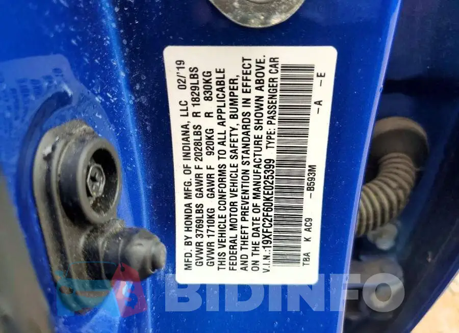 19XFC2F60KE025399 Photo# 12