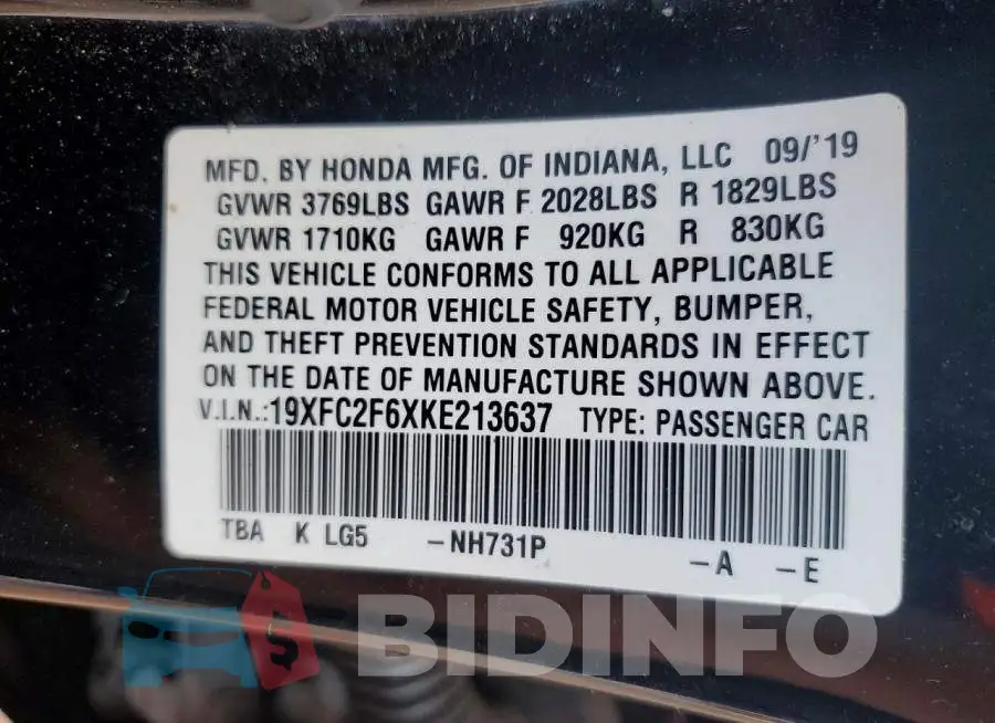 19XFC2F6XKE213637 Photo# 12