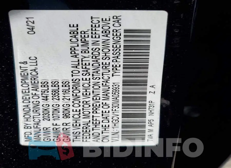 1HGCV1F30MA059931 Photo# 13