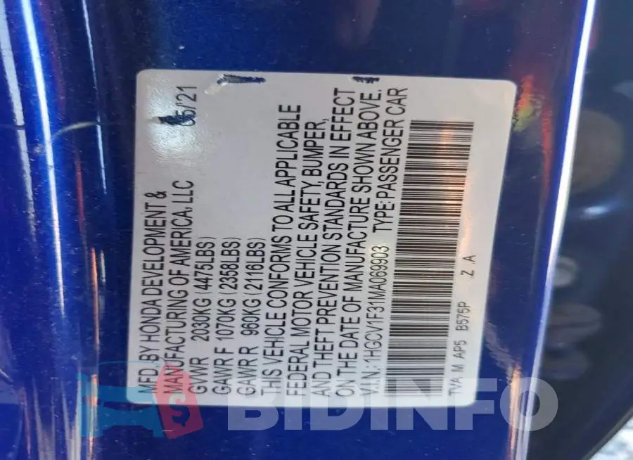 1HGCV1F31MA069903 Photo# 13