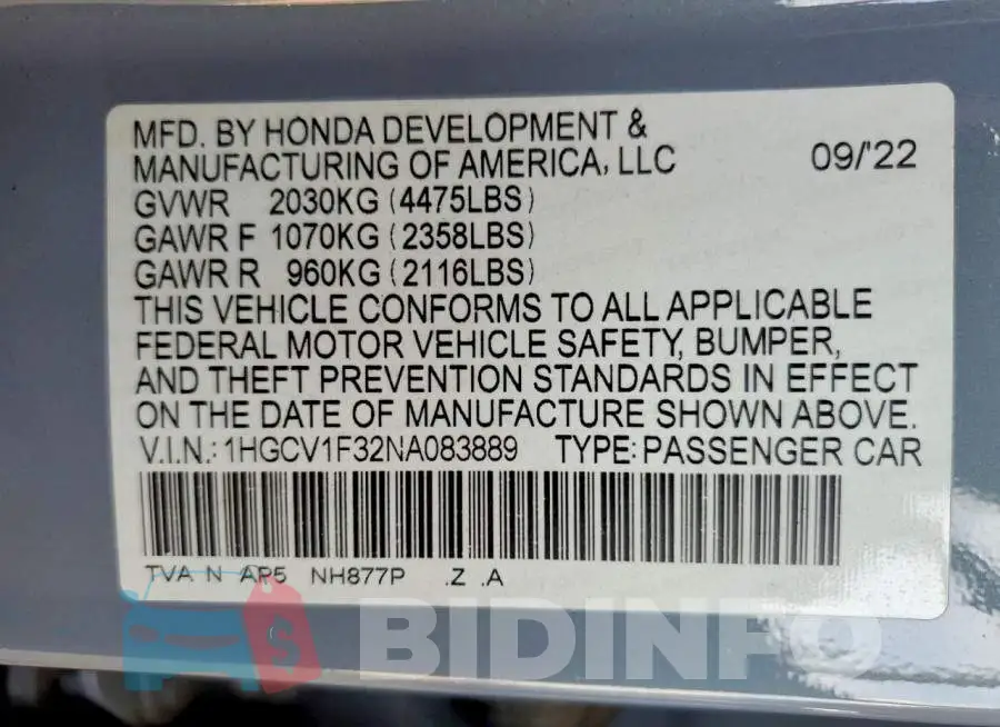 1HGCV1F32NA083889 Photo# 12