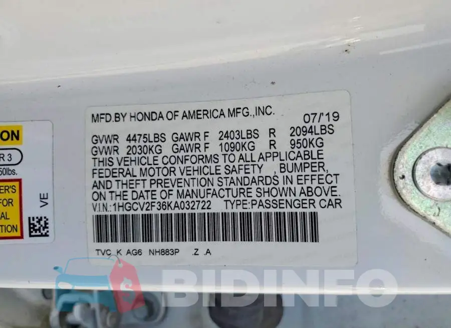1HGCV2F36KA032722 Photo# 13