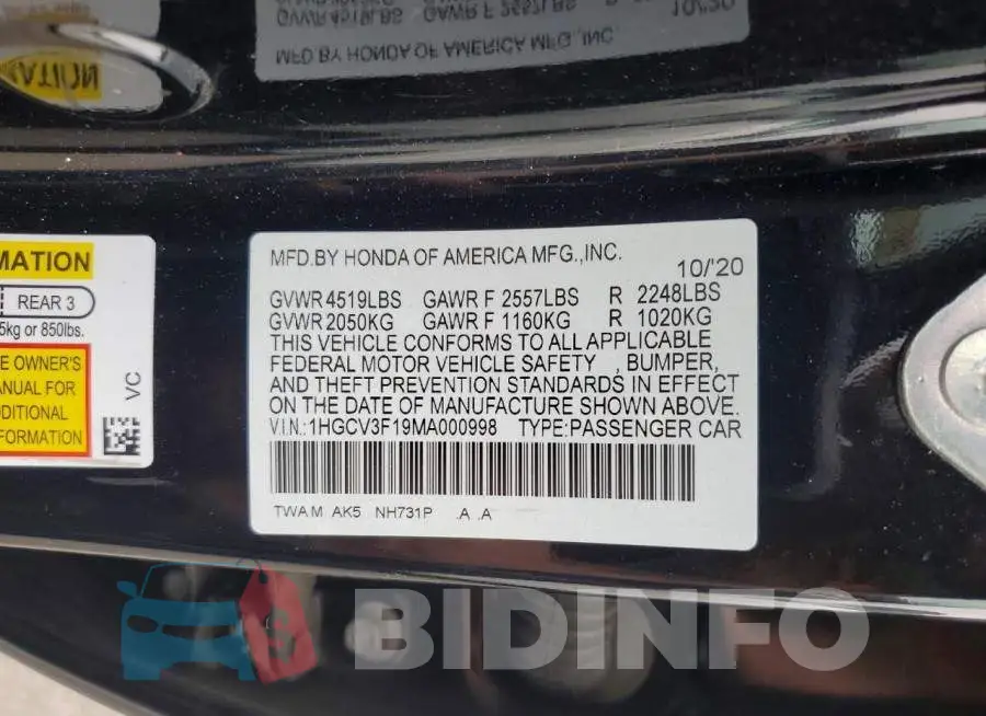 1HGCV3F19MA000998 Photo# 12