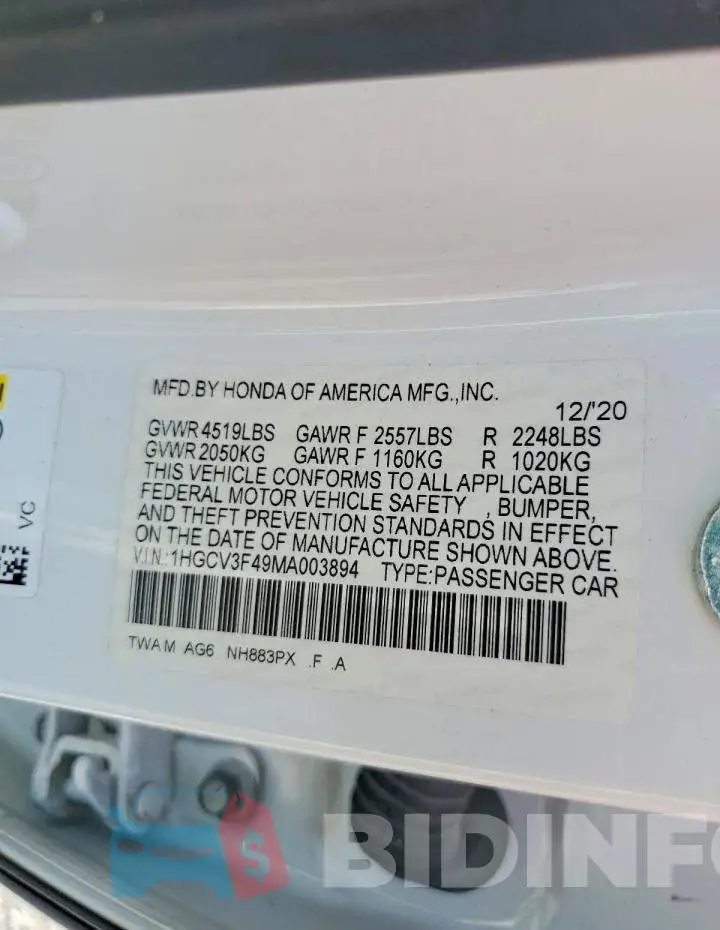 1HGCV3F49MA003894 Photo# 13