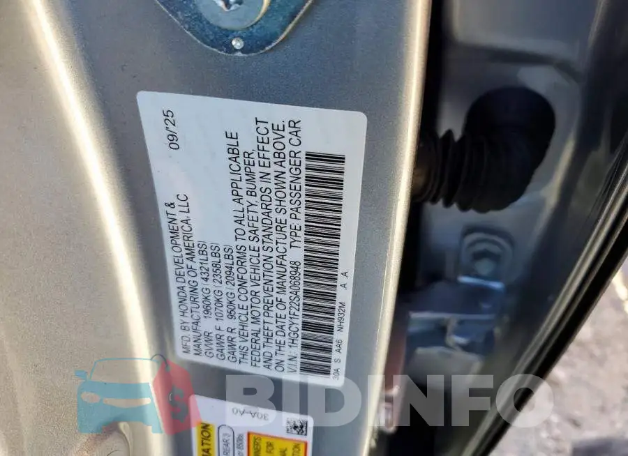 1HGCY1F22SA068948 Photo# 12